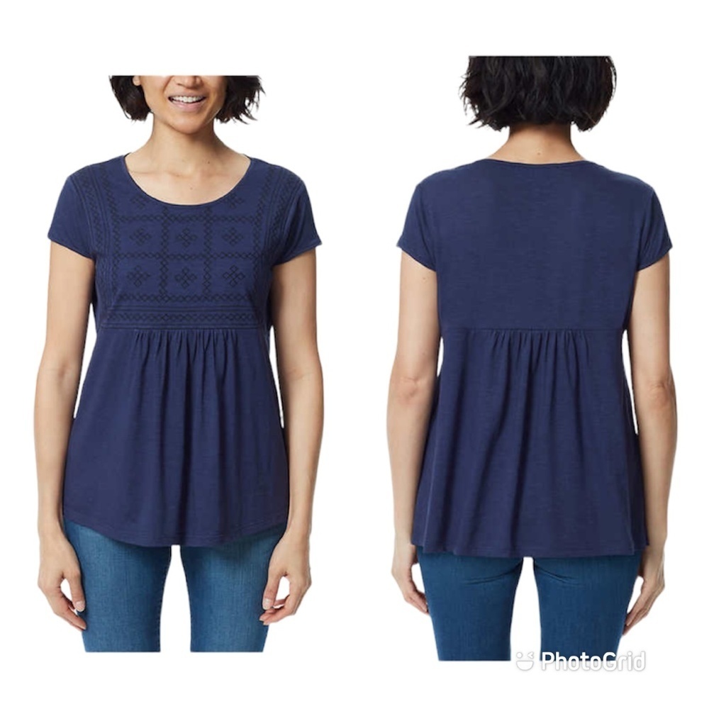Gloria Vanderbilt Top Women Small NEW Blue Peplum Embroidered Short Sleeves
